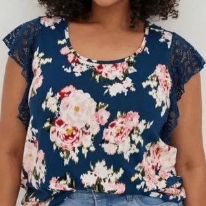 EUC TORRID Super Soft Scoop Neck Lace Flutter Sleeve TopBlue Size 1